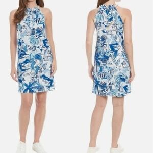 London Times NEW Women's 10 Blue White Tropical Linen Blend Coastal Halter Dress